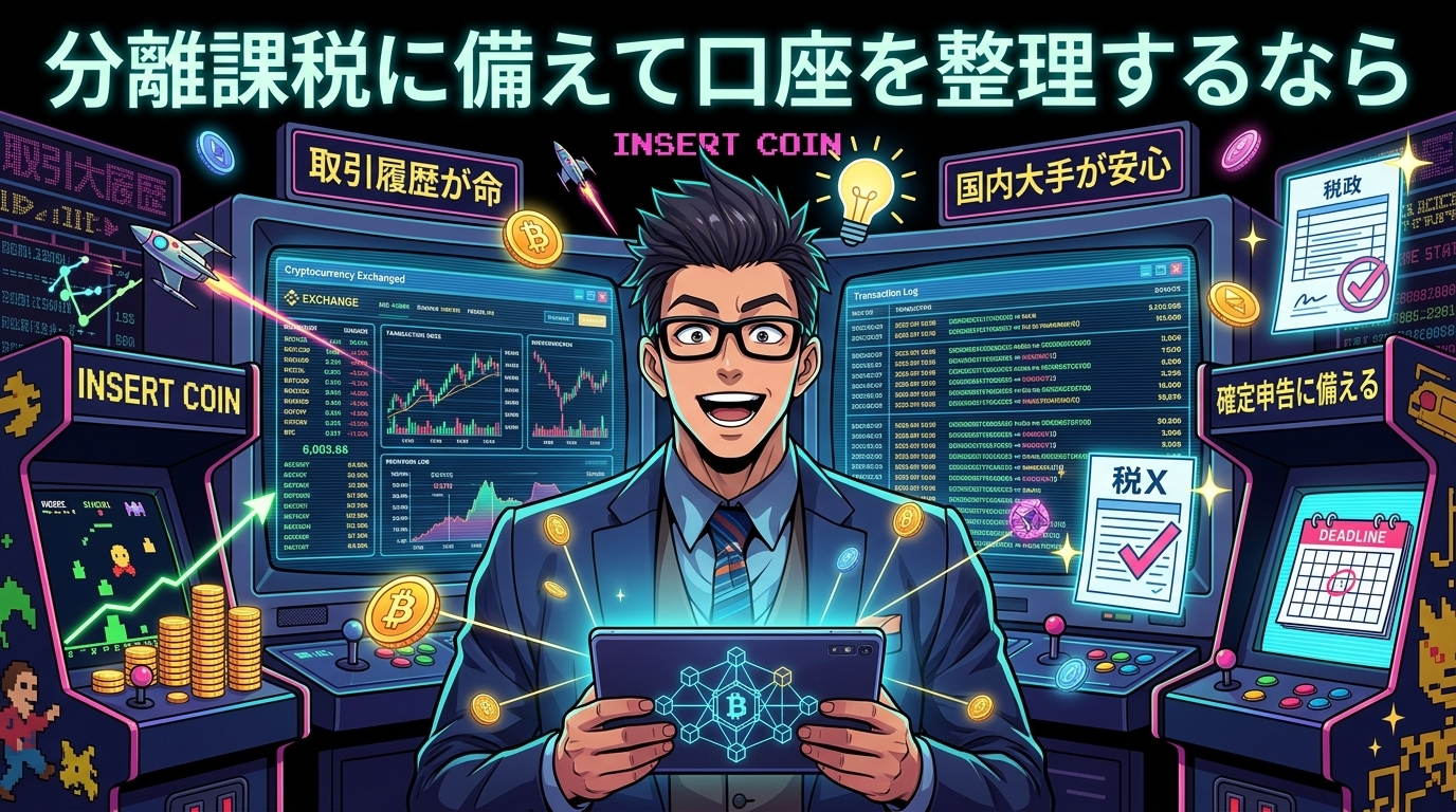 分離課税、口座準備はもう済んだ?について取引履歴が命や国内大手が安心や確定申告に備えるなどの要素を描いたイラスト