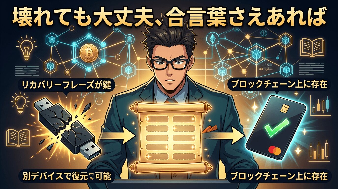 壊れたUSBメモリから暗号資産の合言葉を別の端末で復元してブロックチェーン上に保存する仕組みを説明する図解