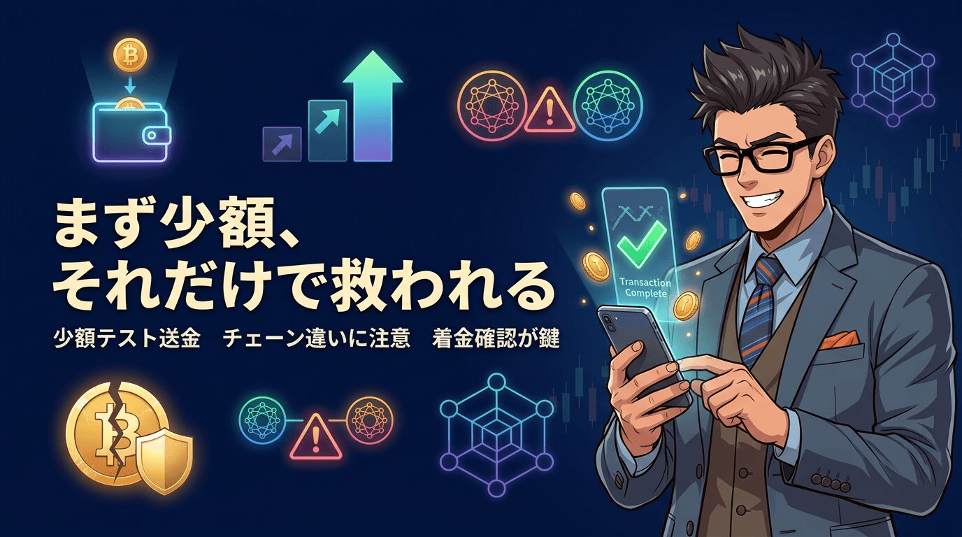 スマートフォンで暗号資産の少額送金テストを行うビジネスマンと取引完了画面のイラスト