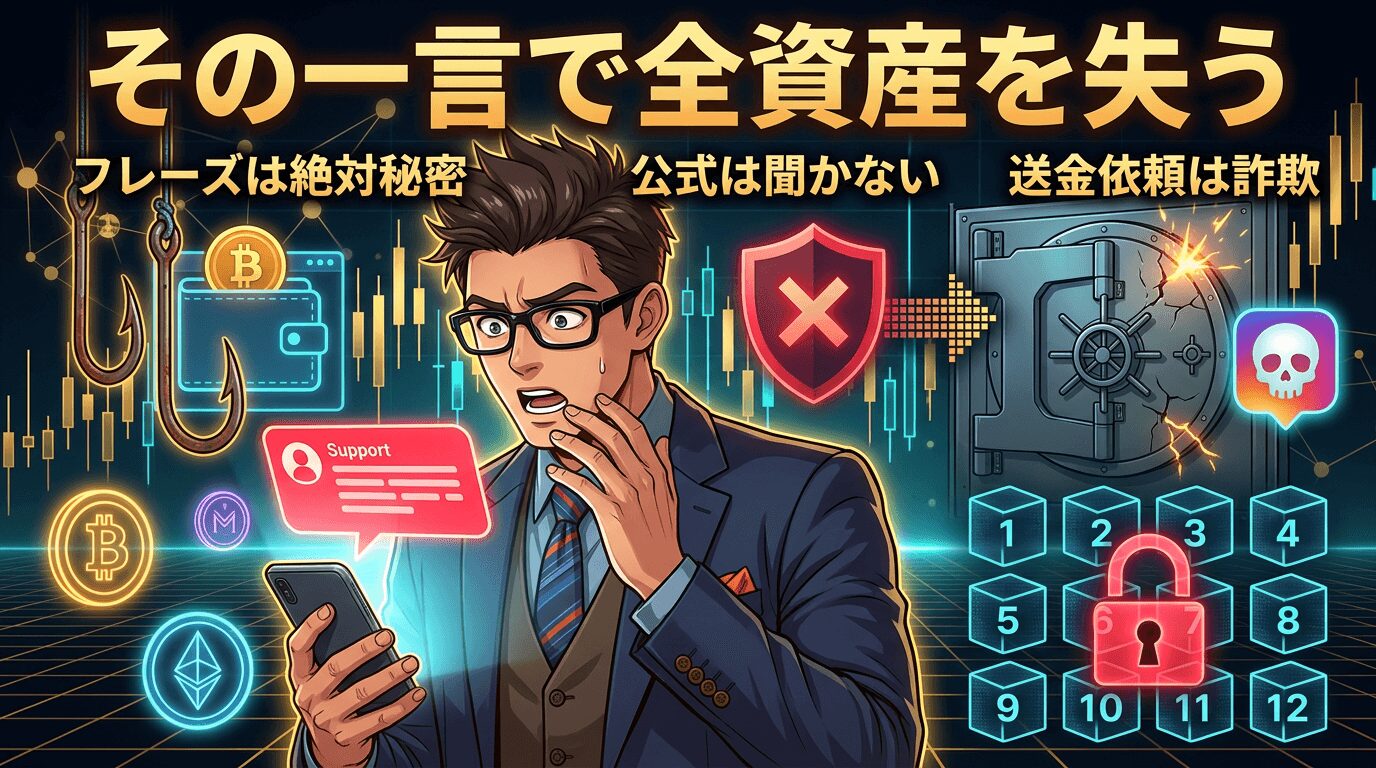 その一言で全資産を失うと警告する暗号資産詐欺の注意喚起画像で釣り針や財布アイコンや金庫や南京錠などの危険を示す図が描かれている