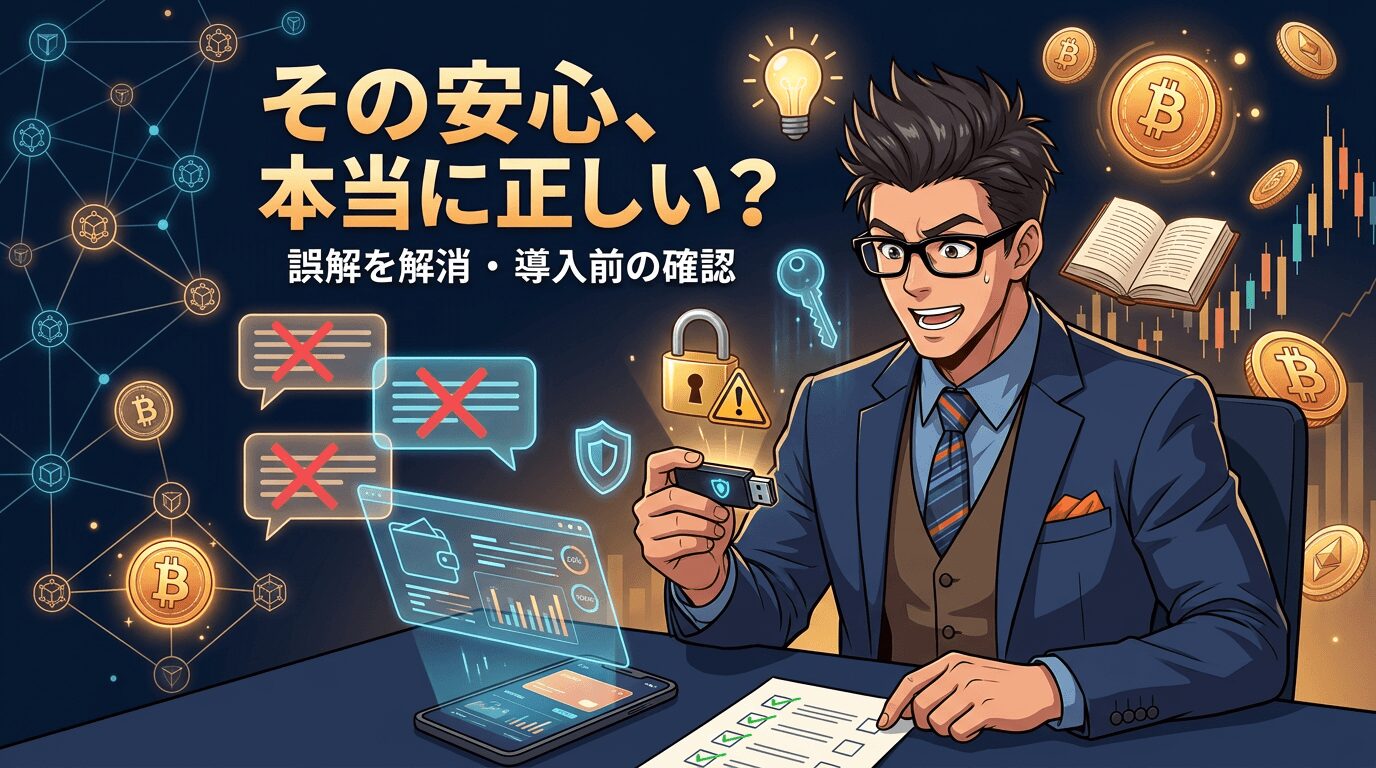 仮想通貨の安全性について疑問を解消し導入前の確認を促すビジネスマンと暗号資産のイラスト