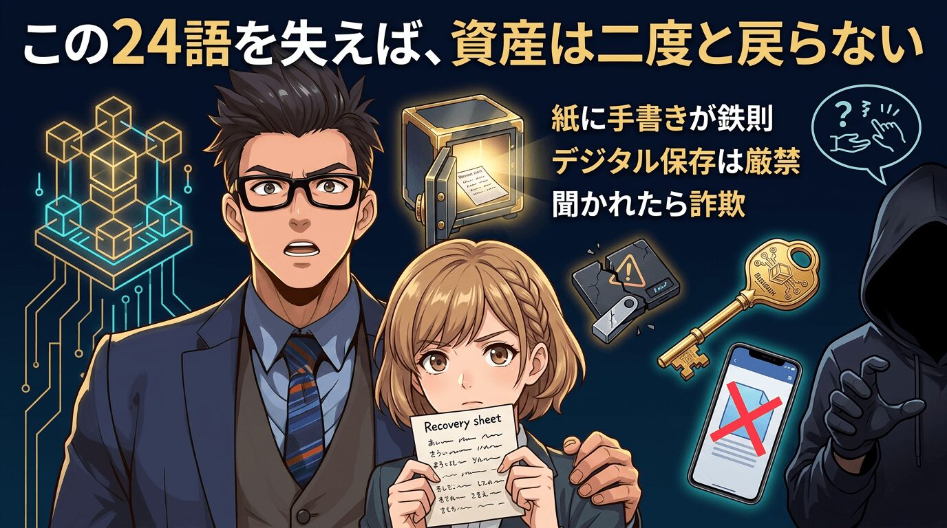 暗号資産の復元に必要な24個の秘密の言葉を管理する方法を説明するイラストで、眼鏡をかけた男性と復元用の紙を持つ女性、金庫や壊れたハードディスクやスマートフォンや金色の鍵が描かれている