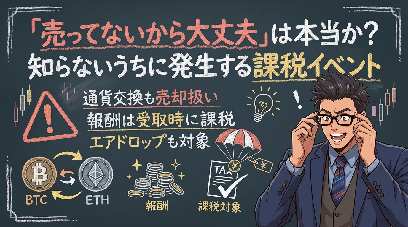 売ってないのに税金?その操作、課税ですについて通貨交換も売却扱いや報酬は受取時に課税やエアドロップも対象などの要素を描いたイラスト