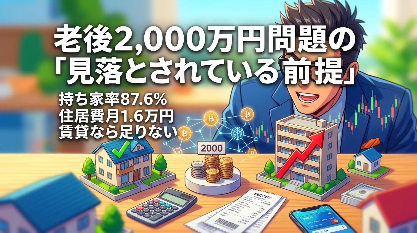 その2,000万円、家賃ゼロの人の話ですについて持ち家率87.6%や住居費月1.6万円や賃貸なら足りないなどの要素を描いたイラスト