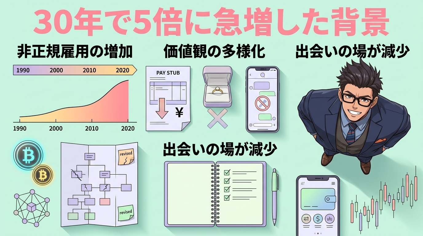 結婚できない?しない?その答えは社会構造にあるについて非正規雇用の増加や価値観の多様化や出会いの場が減少などの要素を描いたイラスト