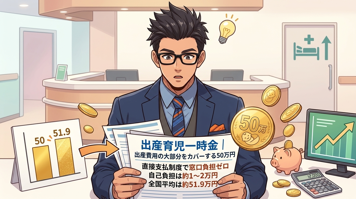 50万円もらえるのに知らないなんて!について直接支払制度で窓口負担ゼロや自己負担は約1〜2万円や全国平均は約51.9万円などの要素を描いたイラスト