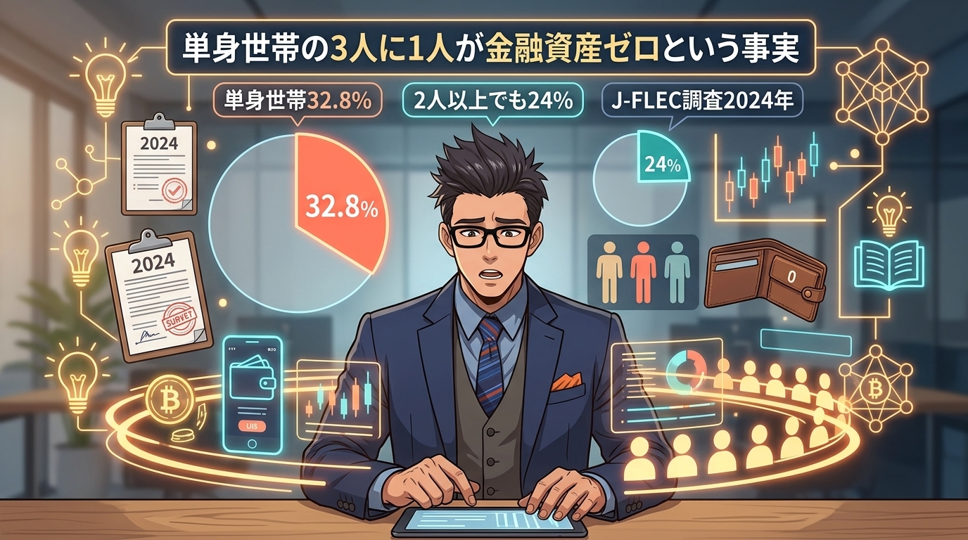 貯金ゼロ、あなただけじゃないについて単身世帯32.8%や2人以上でも24%やJ-FLEC調査2024年などの要素を描いたイラスト
