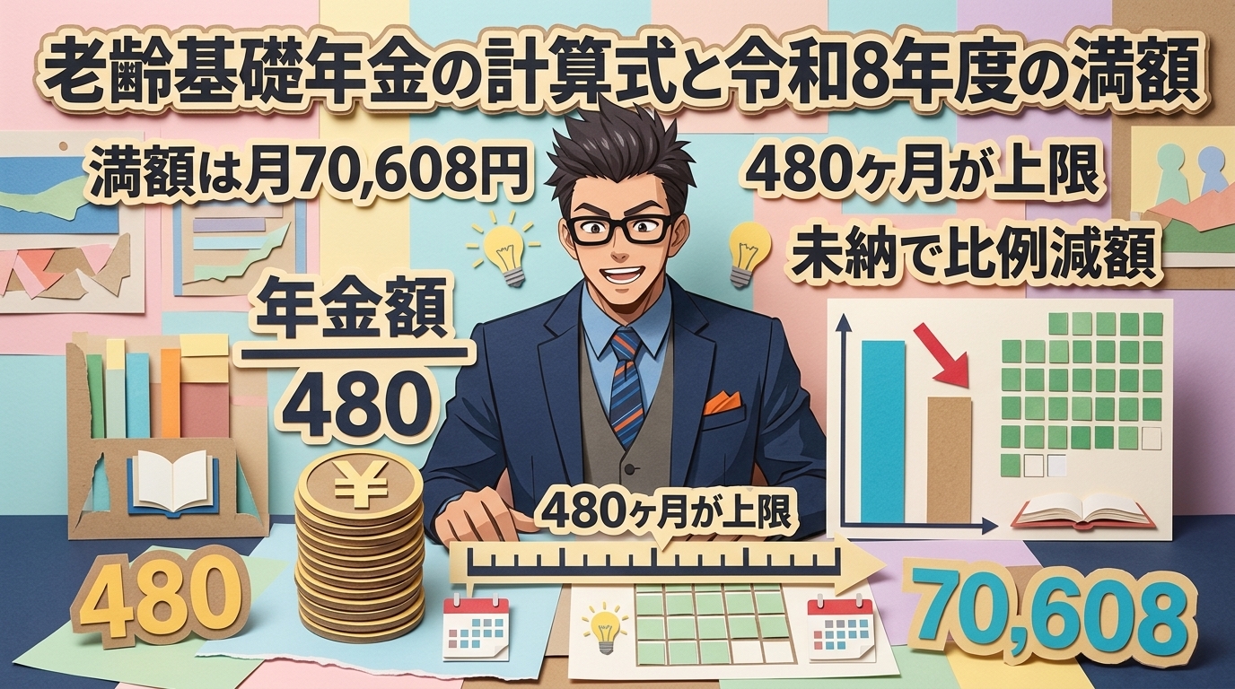 1ヶ月で147円の差について満額は月70,608円や480ヶ月が上限や未納で比例減額などの要素を描いたイラスト