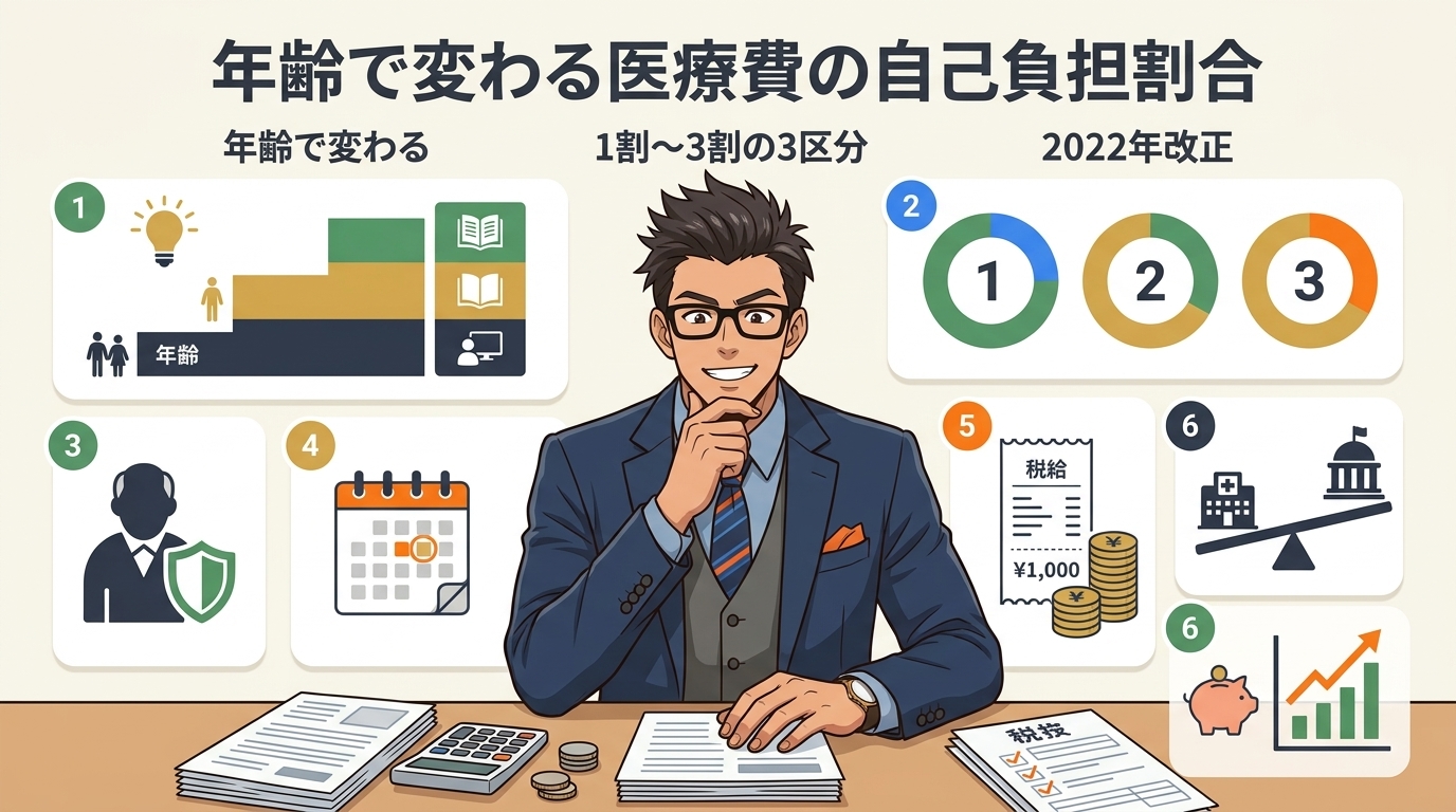 負担割合の真実について年齢で変わるや1割〜3割の3区分や2022年改正などの要素を描いたイラスト