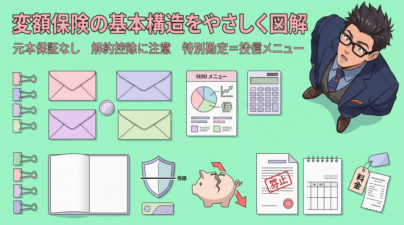 あなたの保険料、三つに分かれてますについて元本保証なしや解約控除に注意や特別勘定=投信メニューなどの要素を描いたイラスト