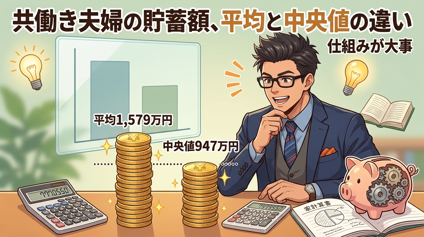 平均と中央値のカラクリについて平均1,579万円や中央値947万円や仕組みが大事などの要素を描いたイラスト