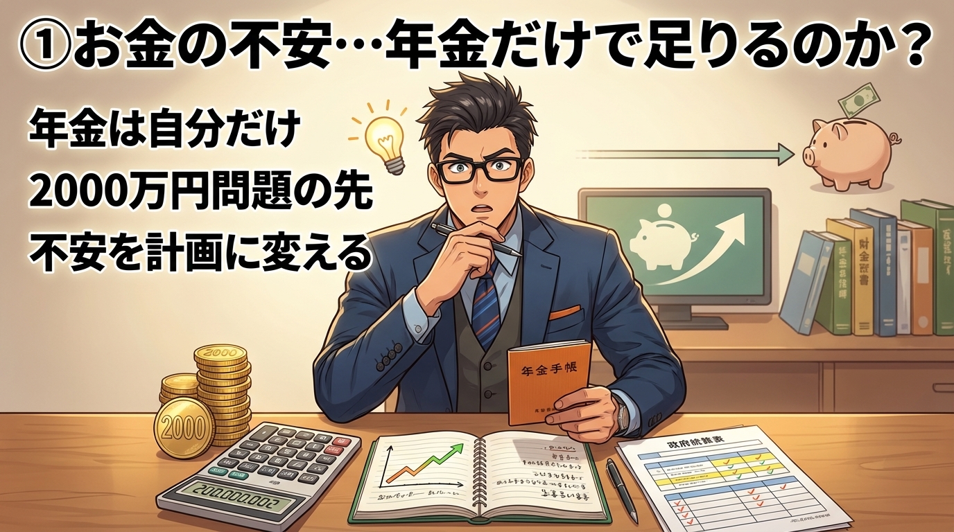 独身の老後、いくら要る?について年金は自分だけや2000万円問題の先や不安を計画に変えるなどの要素を描いたイラスト