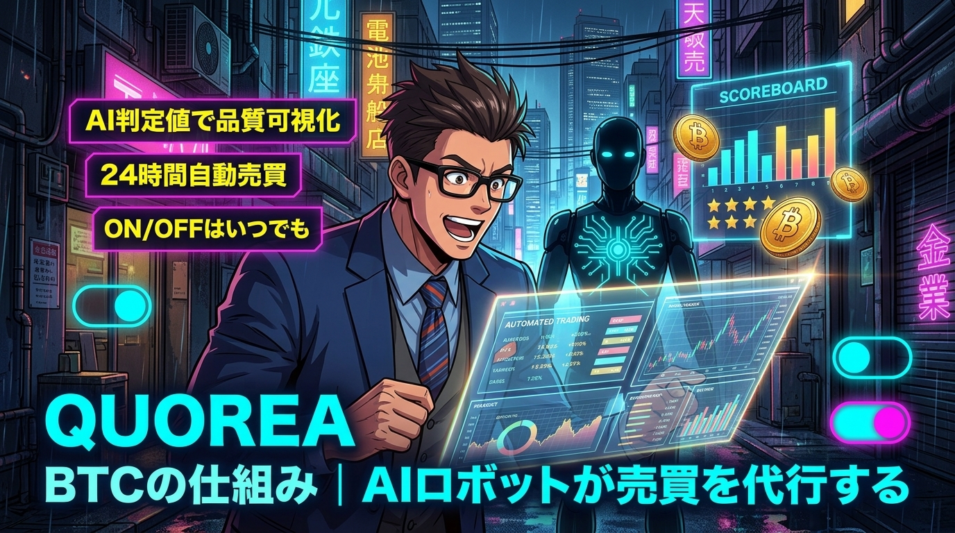 感情を捨てたら、投資が変わったについてAI判定値で品質可視化や24時間自動売買やON/OFFはいつでもなどの要素を描いたイラスト