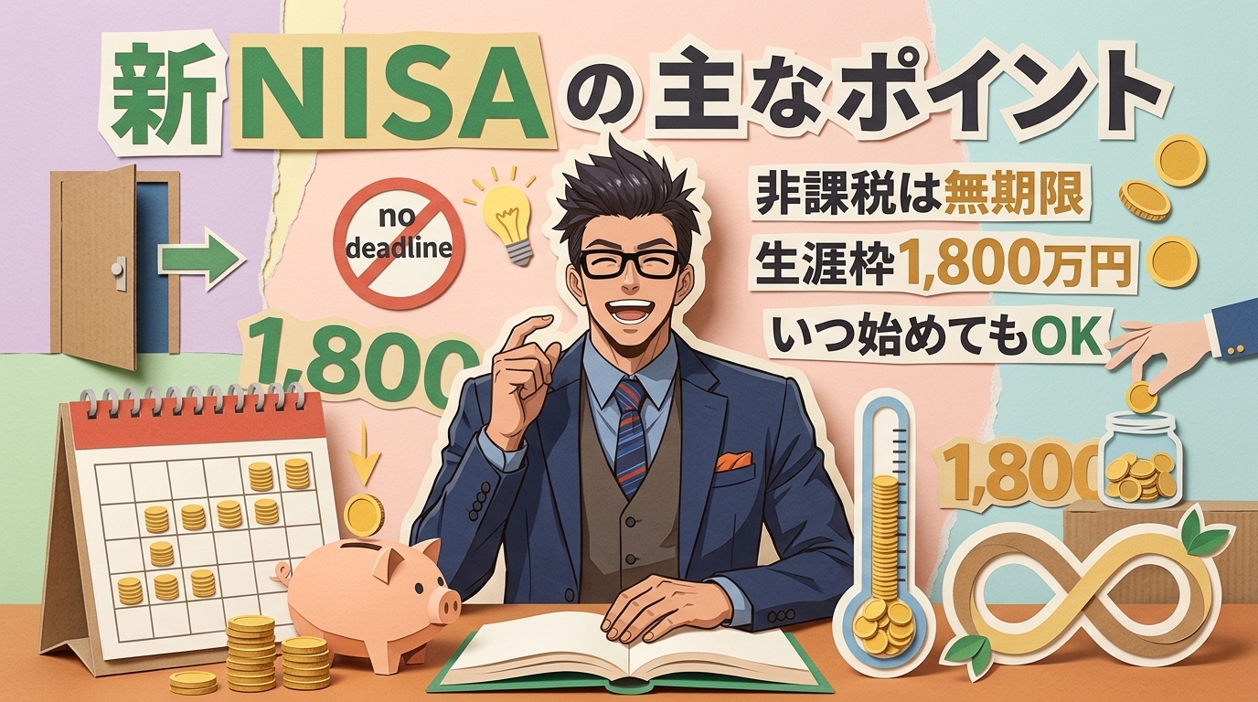 月1,000円からでいい、それが新NISAの本質について非課税は無期限や生涯枠1,800万円やいつ始めてもOKなどの要素を描いたイラスト
