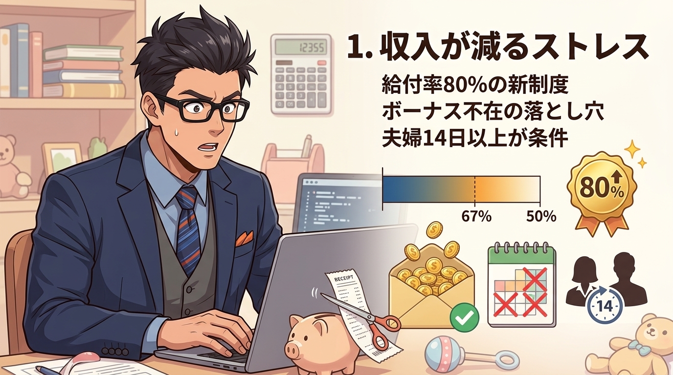 育休中でも手取り10割?知らなきゃ損する新制度について給付率80%の新制度やボーナス不在の落とし穴や夫婦14日以上が条件などの要素を描いたイラスト