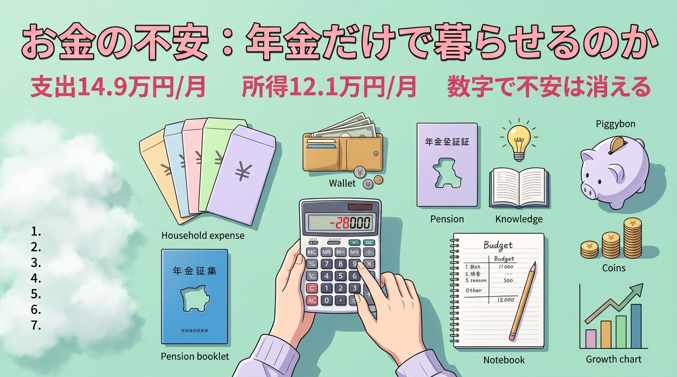 毎月2.8万円、足りない現実について支出14.9万円/月や所得12.1万円/月や数字で不安は消えるなどの要素を描いたイラスト
