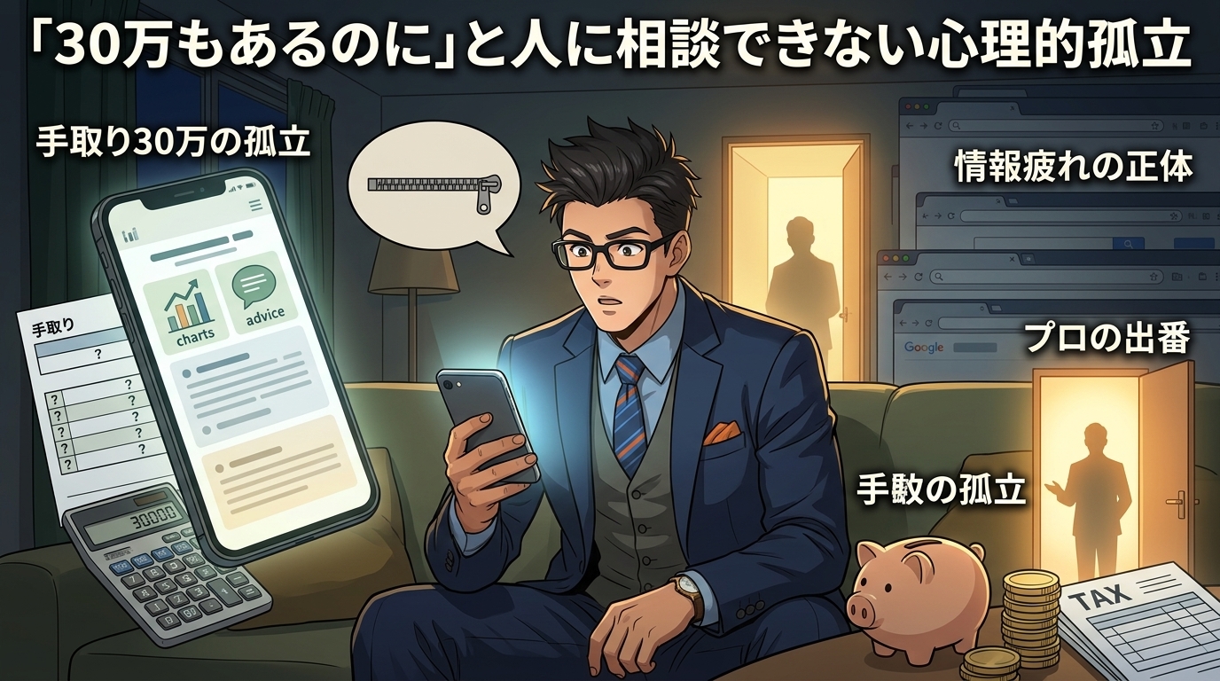 相談できない痛みについて手取り30万の孤立や情報疲れの正体やプロの出番などの要素を描いたイラスト