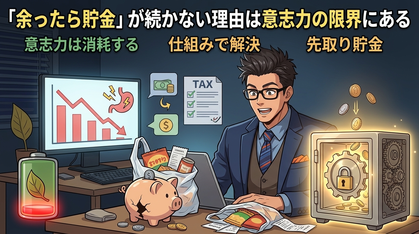 気合では貯まらないについて意志力は消耗するや仕組みで解決や先取り貯金などの要素を描いたイラスト