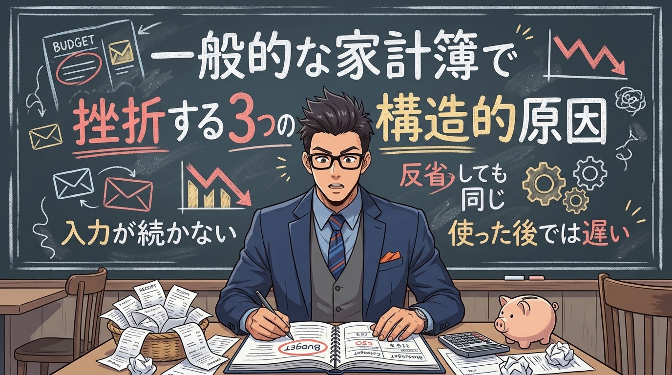 記録では変わらないについて入力が続かないや反省しても同じや使った後では遅いなどの要素を描いたイラスト