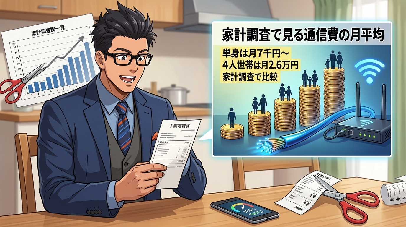 通信費、払いすぎ?について単身は月7千円〜や4人世帯は月2.6万円や家計調査で比較などの要素を描いたイラスト