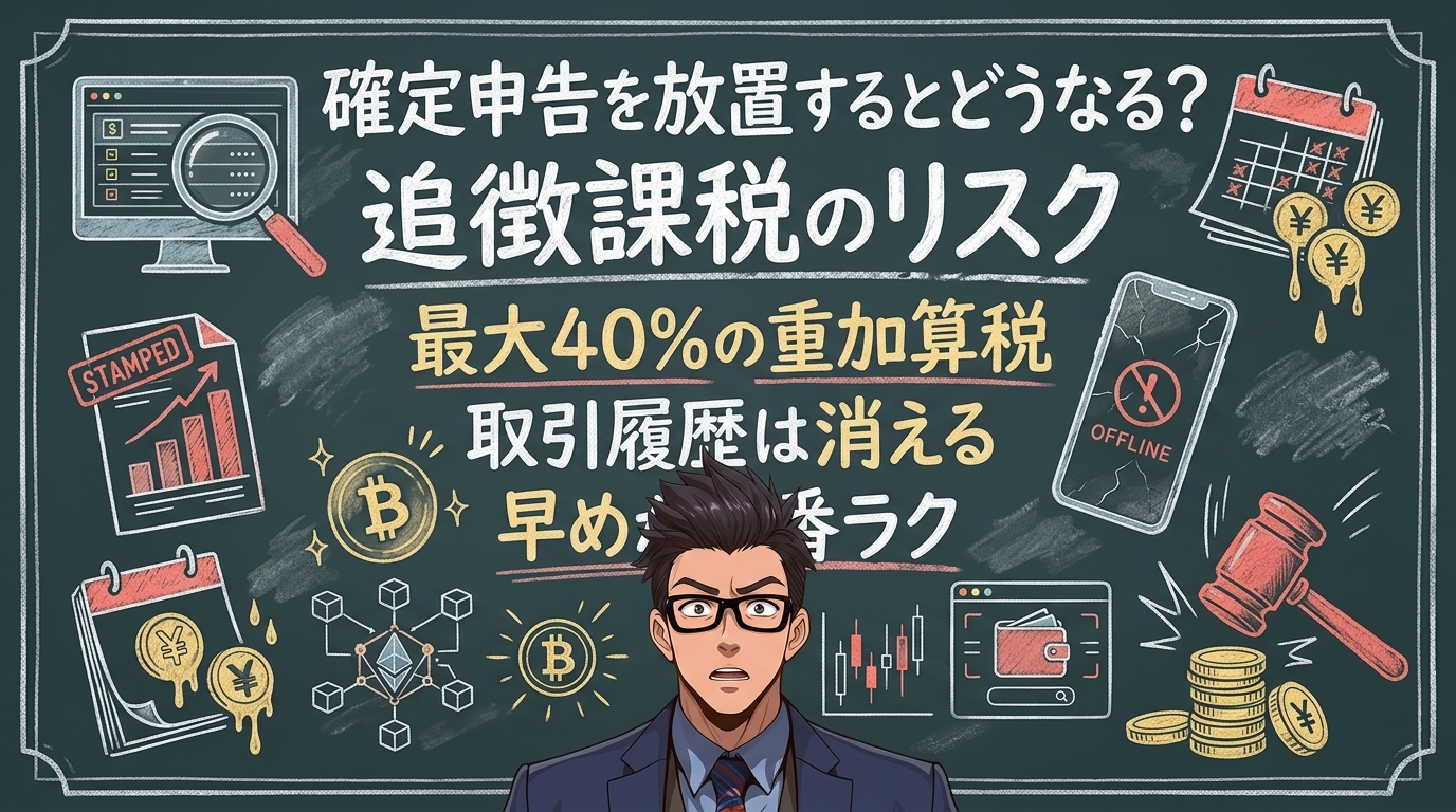 税務署はあなたの取引を知っているについて最大40%の重加算税や取引履歴は消えるや早めが一番ラクなどの要素を描いたイラスト