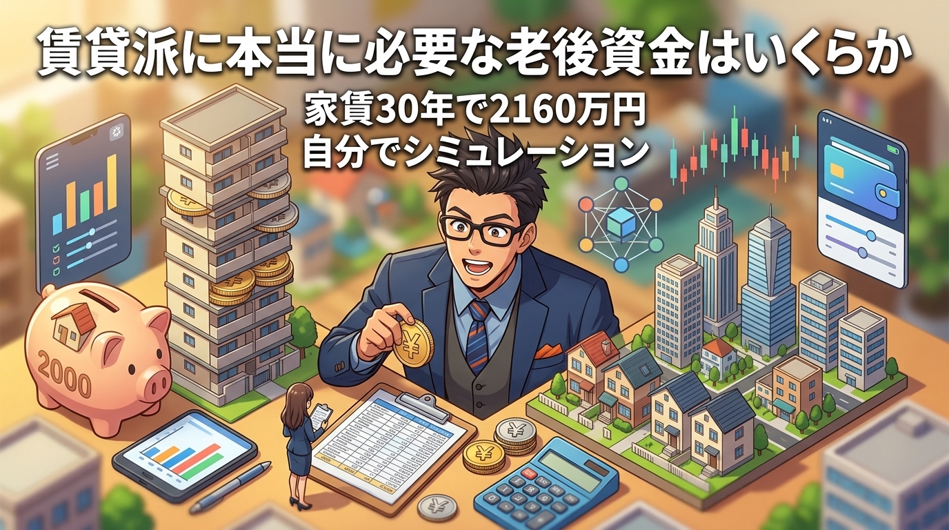 賃貸派の老後、4000万円の現実について家賃30年で2160万円や自分でシミュレーションなどの要素を描いたイラスト