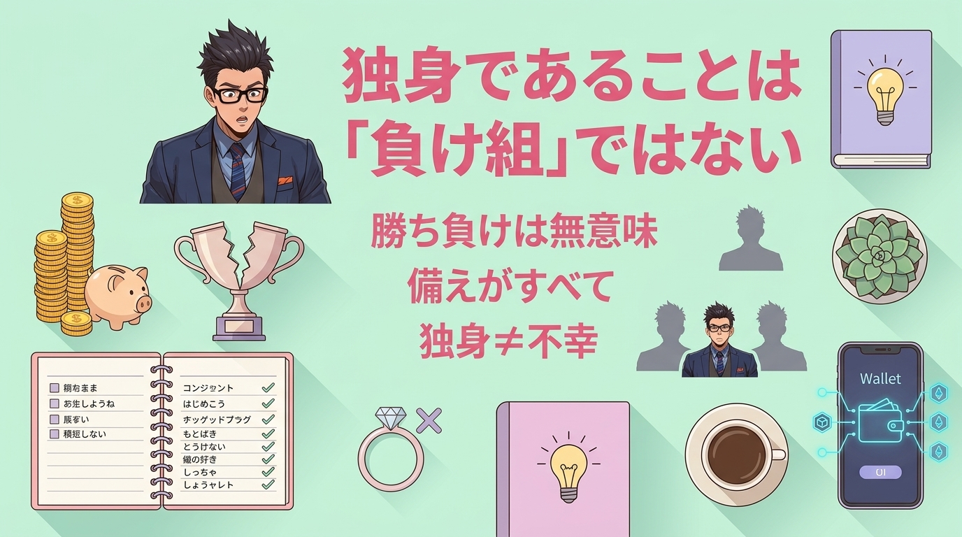 3.5人に1人が独身という現実について勝ち負けは無意味や備えがすべてや独身≠不幸などの要素を描いたイラスト
