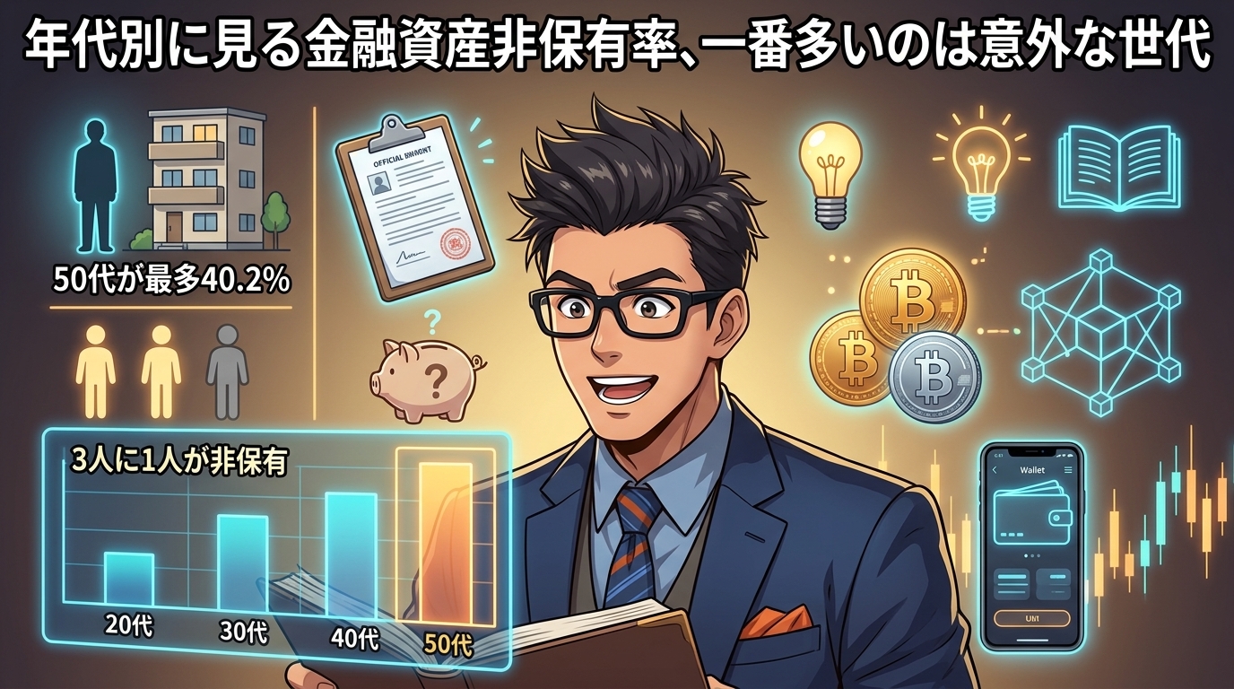 貯金ゼロ、一番多いのは若者じゃないについて50代が最多40.2%や3人に1人が非保有や単身世帯の現実などの要素を描いたイラスト