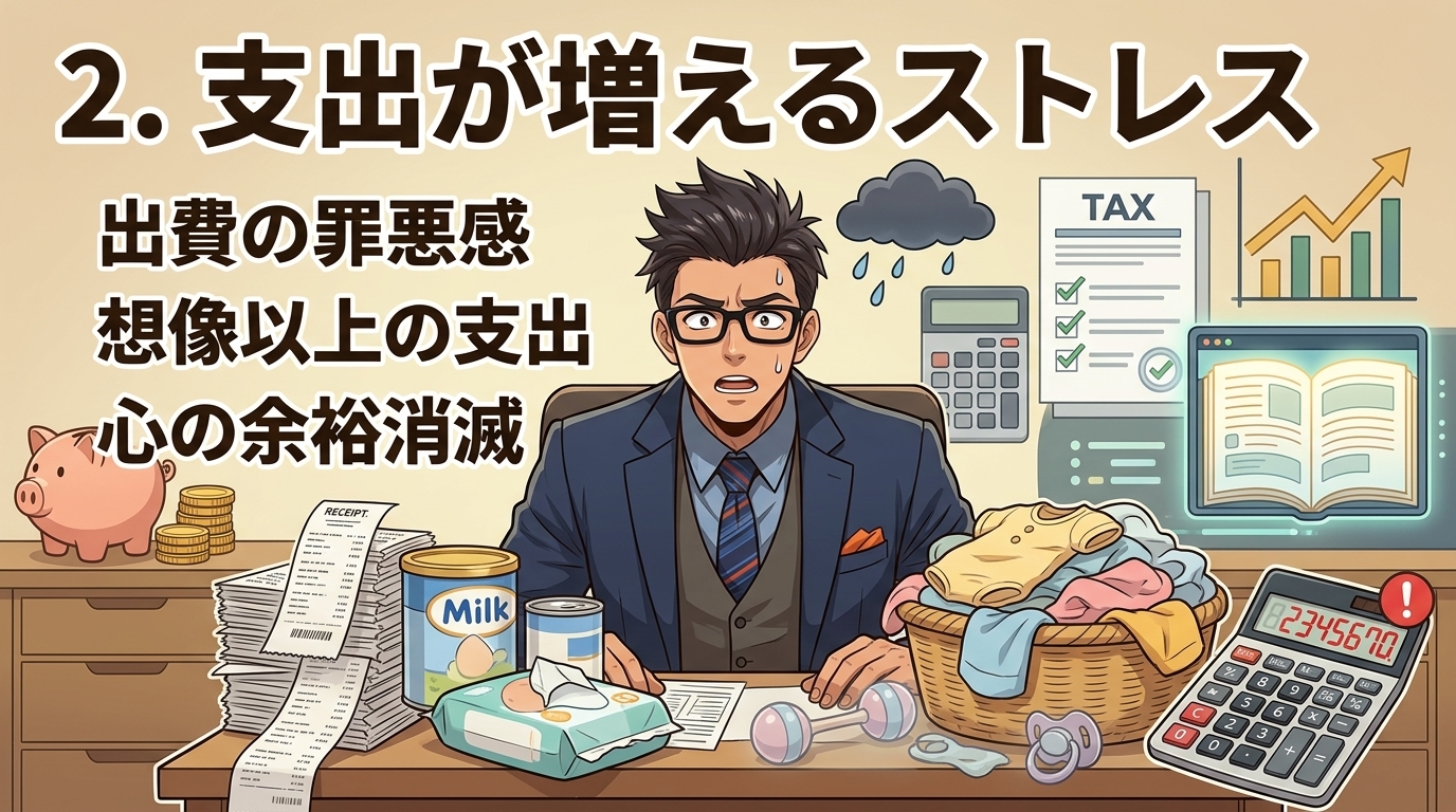 節約のプレッシャーが育児を追い詰めるについて出費の罪悪感や想像以上の支出や心の余裕消滅などの要素を描いたイラスト