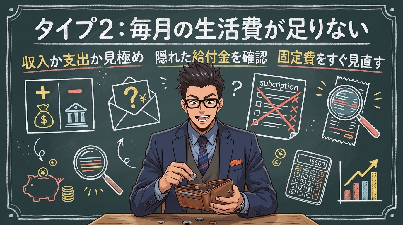 借りる前に、まだできることがあるについて収入か支出か見極めや隠れた給付金を確認や固定費をすぐ見直すなどの要素を描いたイラスト