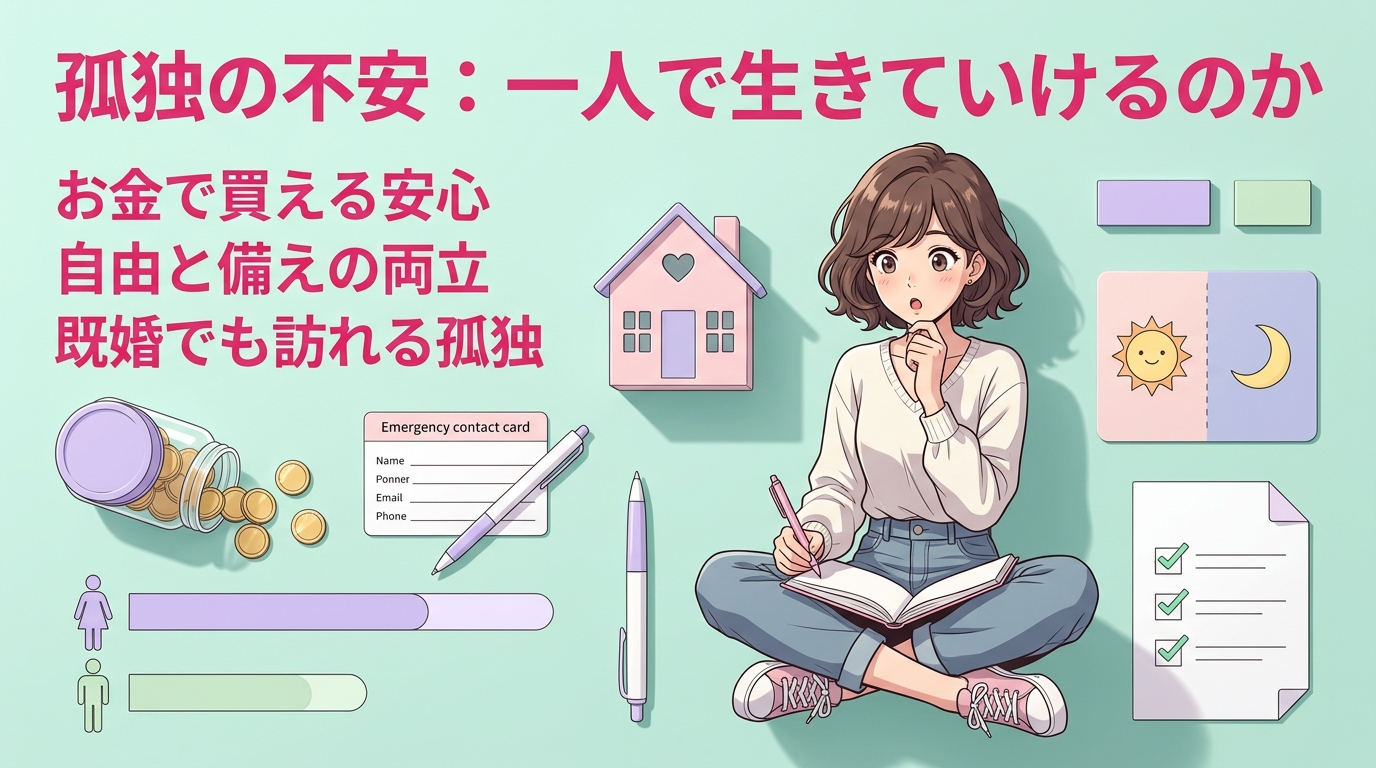 孤独は独身だけの問題じゃないについてお金で買える安心や自由と備えの両立や既婚でも訪れる孤独などの要素を描いたイラスト