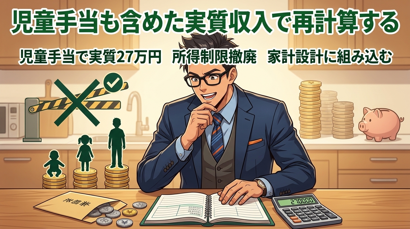 その1万円、計算に入れてますか?について児童手当で実質27万円や所得制限撤廃や家計設計に組み込むなどの要素を描いたイラスト