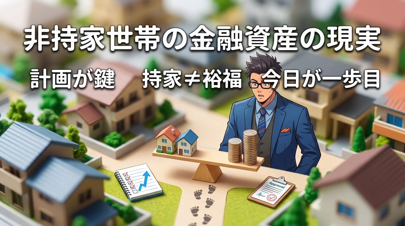 家がなくても資産は作れるについて計画が鍵や持家≠裕福や今日が一歩目などの要素を描いたイラスト