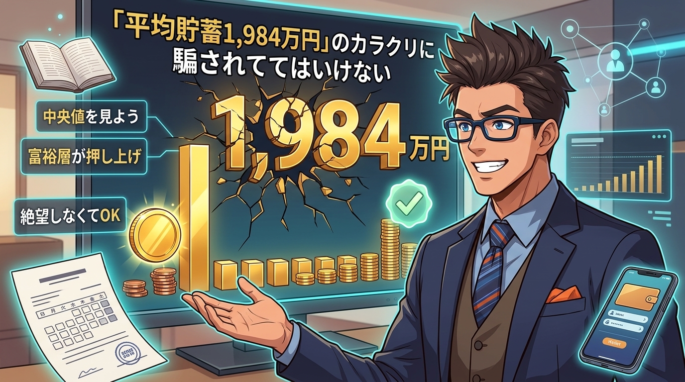 その平均値、あなたの現実じゃないについて中央値を見ようや富裕層が押し上げや絶望しなくてOKなどの要素を描いたイラスト