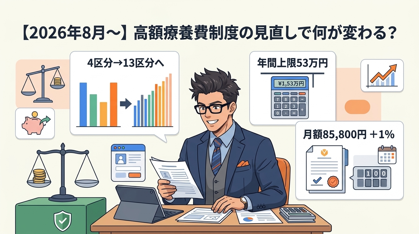 制度は残る、区分が変わるについて4区分→13区分へや年間上限53万円や月額85,800円+1%などの要素を描いたイラスト