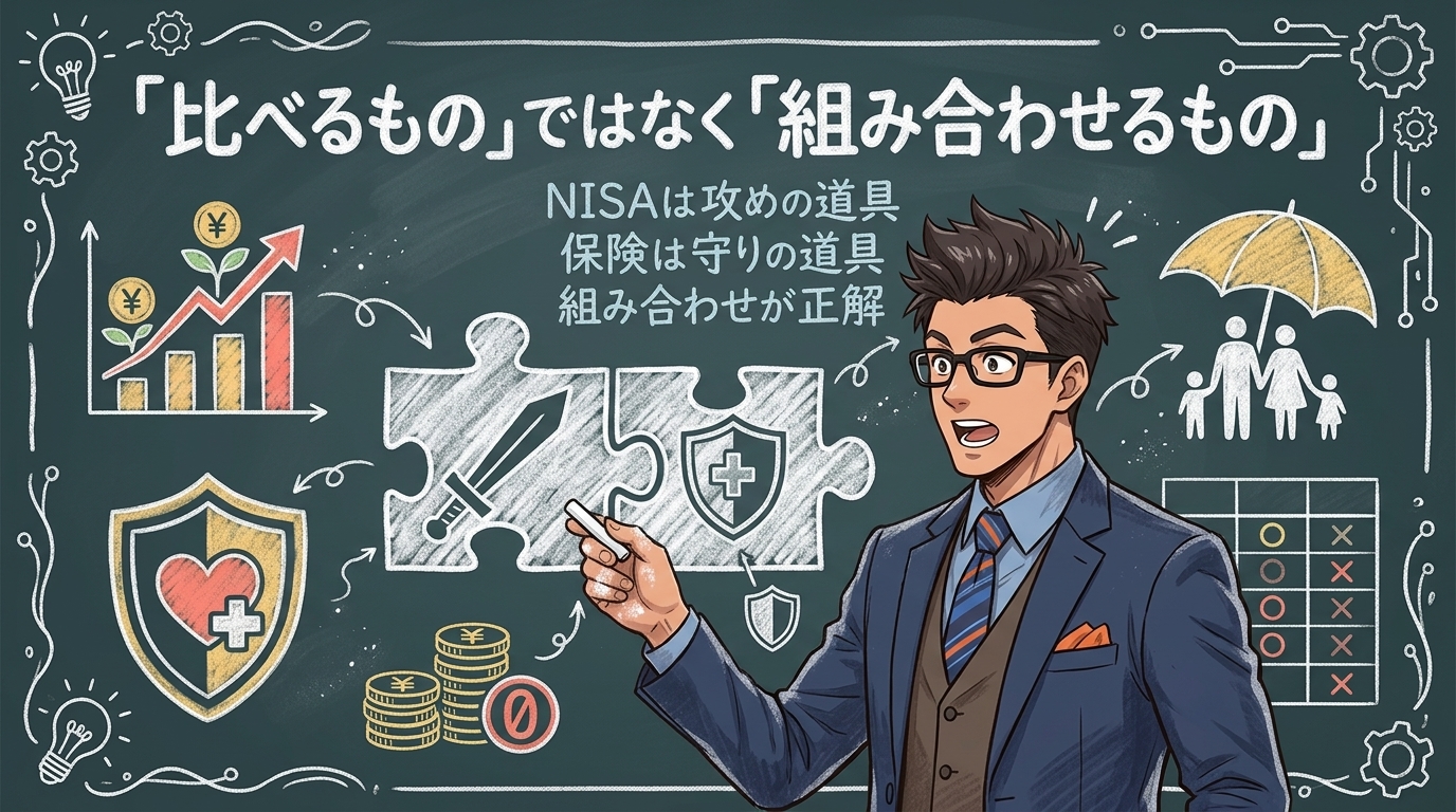 攻めと守り、両方あって初めて安心についてNISAは攻めの道具や保険は守りの道具や組み合わせが正解などの要素を描いたイラスト