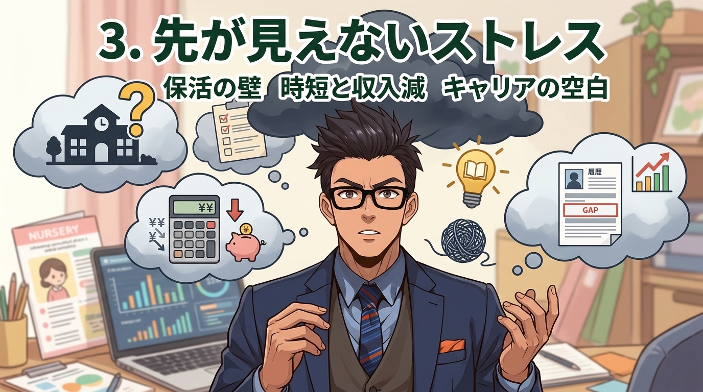 不安は重なると動けなくなるについて保活の壁や時短と収入減やキャリアの空白などの要素を描いたイラスト