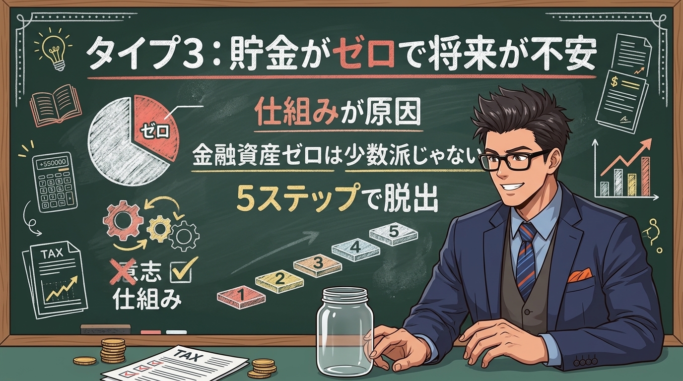 貯金ゼロは「意志の弱さ」じゃないについて仕組みが原因や金融資産ゼロは少数派じゃないや5ステップで脱出などの要素を描いたイラスト