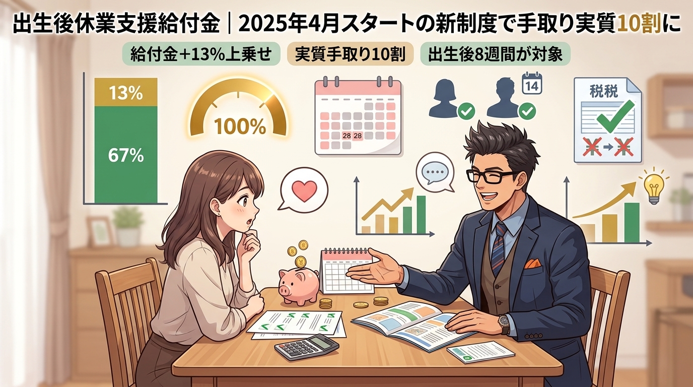 育休中でも手取りが減らない!について給付金+13%上乗せや実質手取り10割や出生後8週間が対象などの要素を描いたイラスト