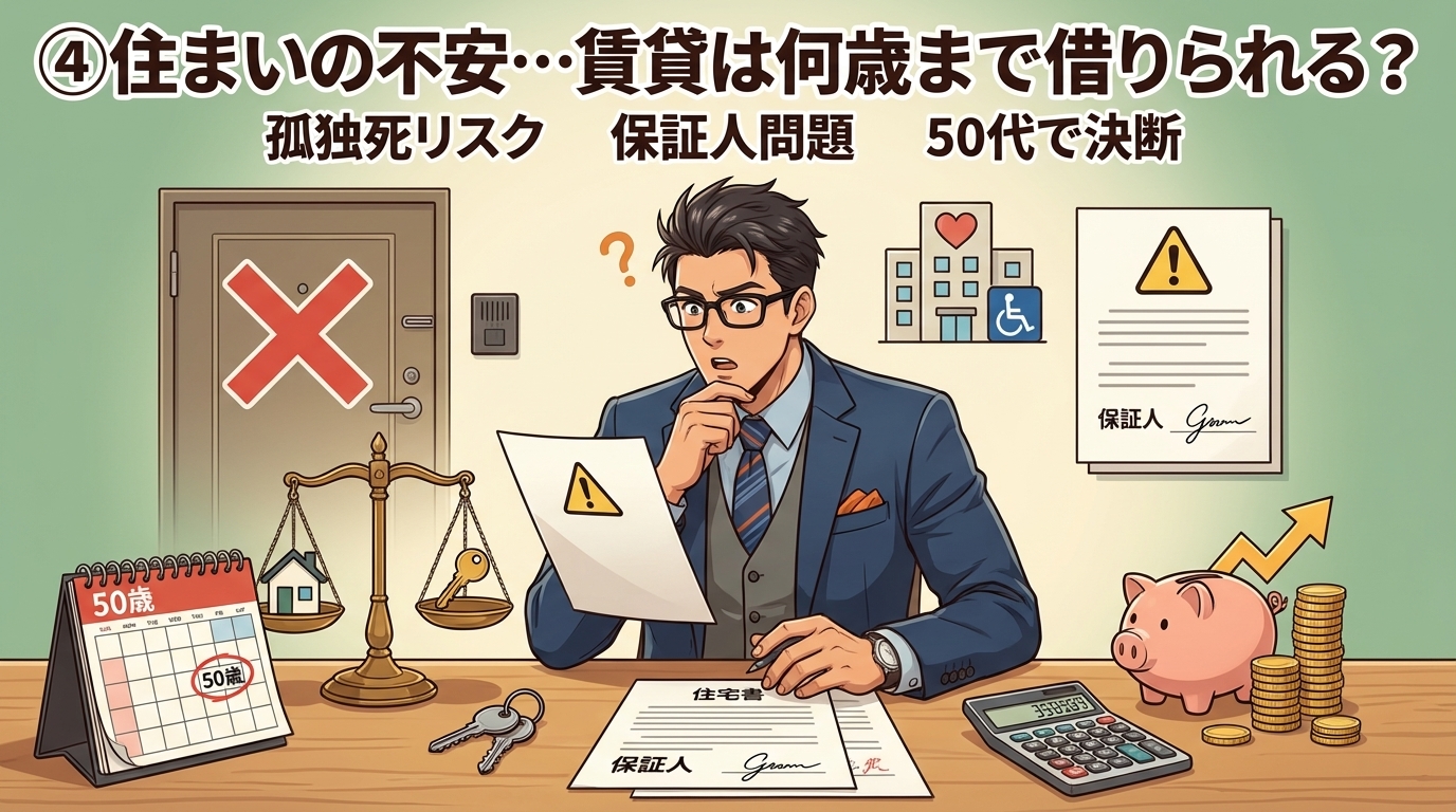 借りられない老後について孤独死リスクや保証人問題や50代で決断などの要素を描いたイラスト