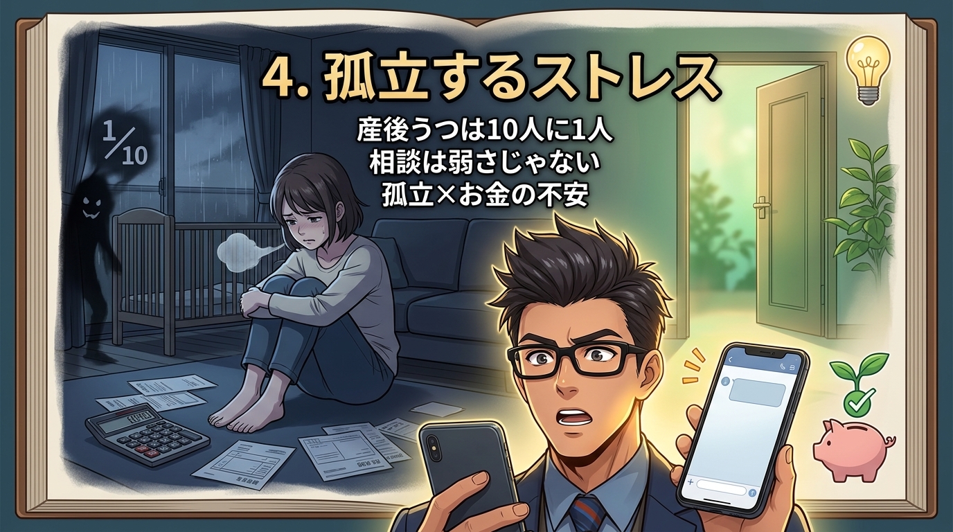 誰にも言えないお金の不安、抱えてませんか?について産後うつは10人に1人や相談は弱さじゃないや孤立×お金の不安などの要素を描いたイラスト