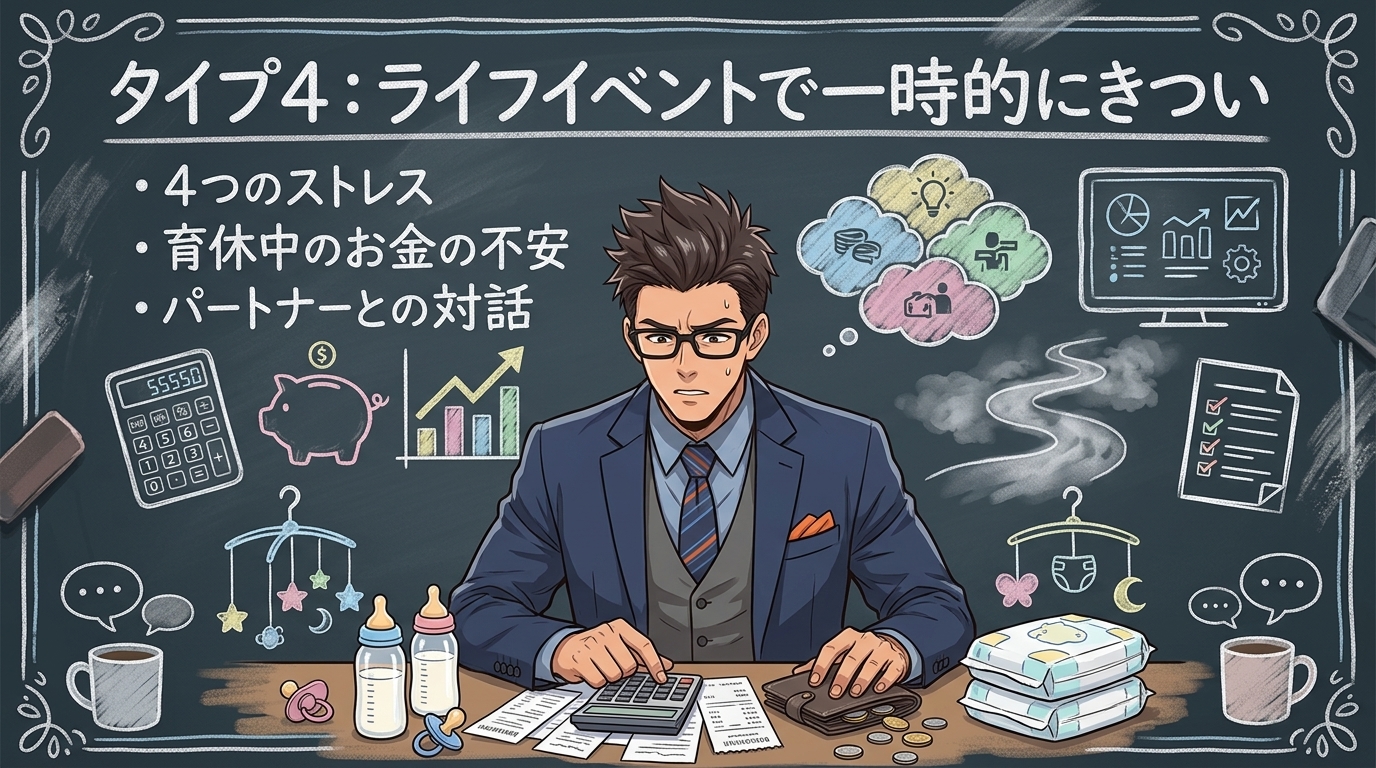 一時的でも、渦中は本当につらいについて4つのストレスや育休中のお金の不安やパートナーとの対話などの要素を描いたイラスト