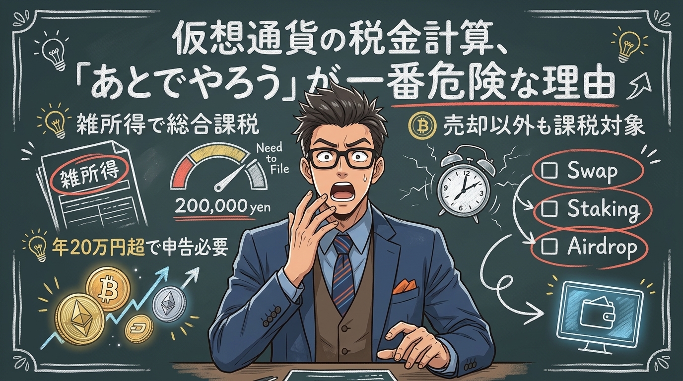 売っただけじゃない?仮想通貨の税金の落とし穴について雑所得で総合課税や年20万円超で申告必要や売却以外も課税対象などの要素を描いたイラスト