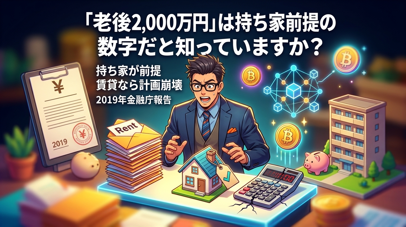 その2,000万円、家賃が入ってないについて持ち家が前提や賃貸なら計画崩壊や2019年金融庁報告などの要素を描いたイラスト