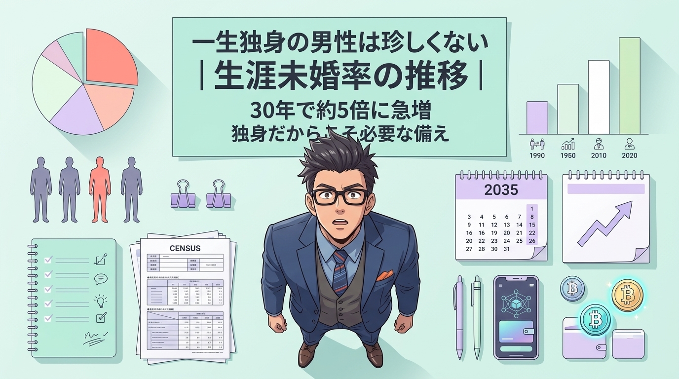 3.5人に1人が未婚という現実について30年で約5倍に急増や独身だからこそ必要な備えなどの要素を描いたイラスト