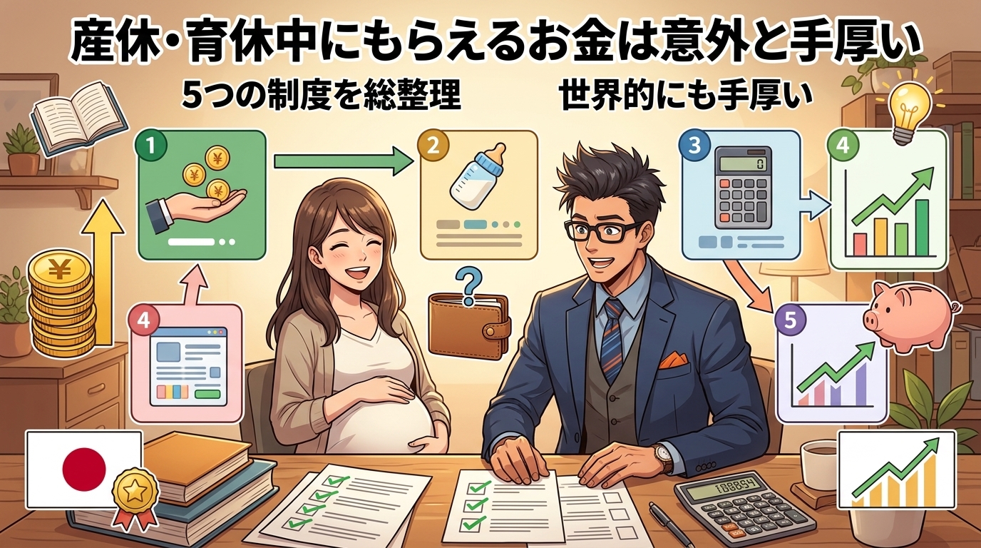 貯金ゼロでも大丈夫かも?について5つの制度を総整理や世界的にも手厚いなどの要素を描いたイラスト