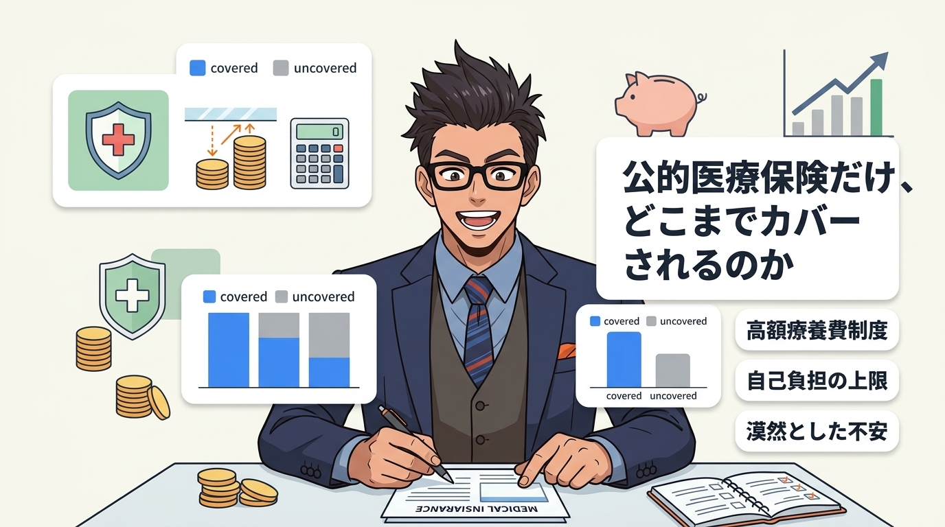 実は足りてる?について高額療養費制度や自己負担の上限や漠然とした不安などの要素を描いたイラスト