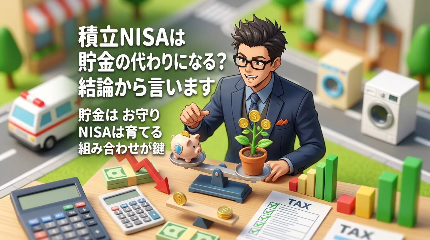 守りと攻めの正解について貯金はお守りやNISAは育てるや組み合わせが鍵などの要素を描いたイラスト