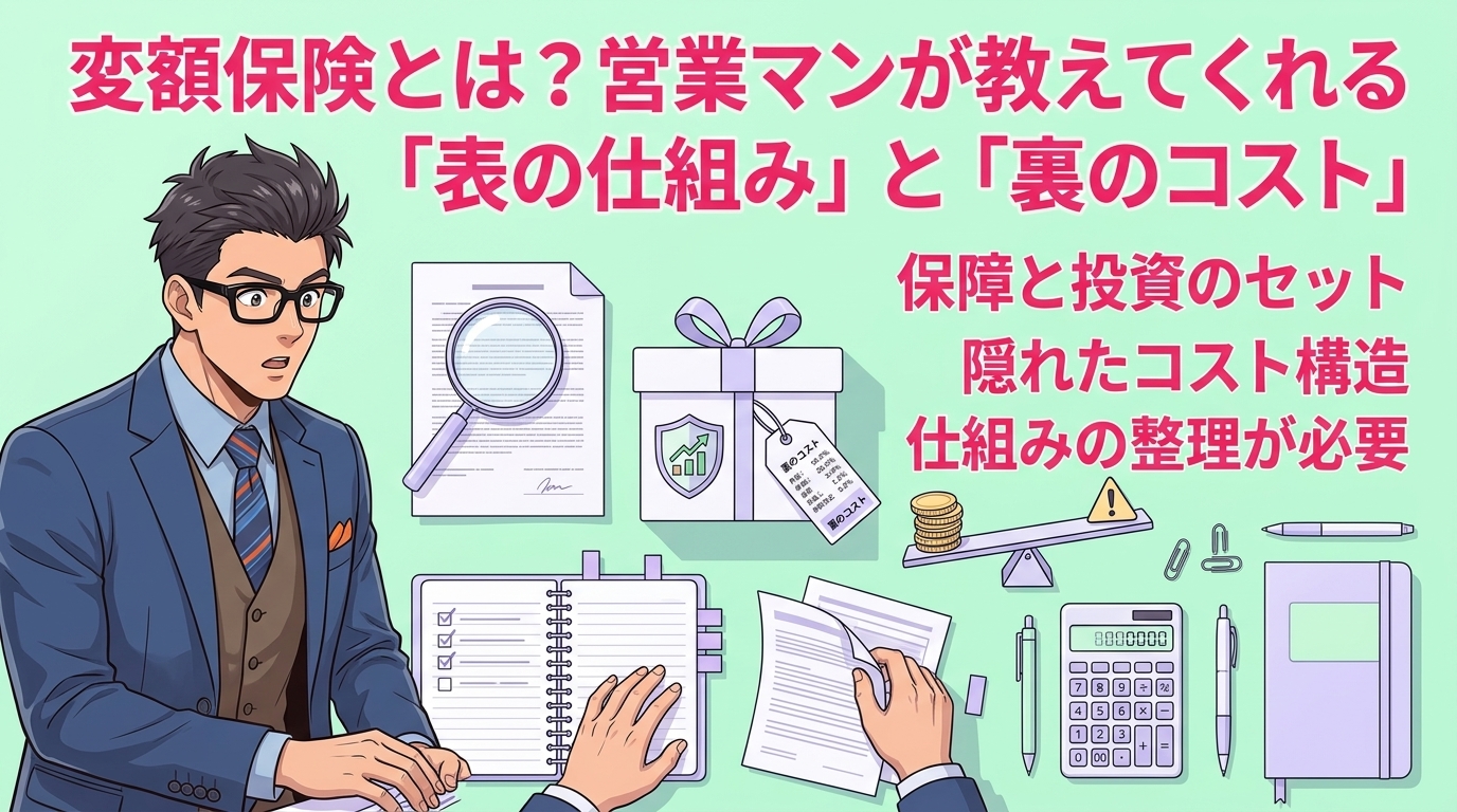 その保険、中身を知っていますか?について保障と投資のセットや隠れたコスト構造や仕組みの整理が必要などの要素を描いたイラスト