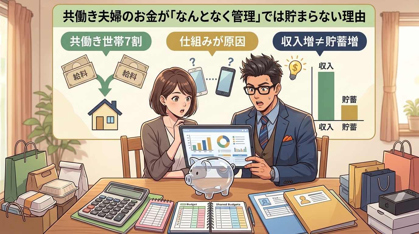 共働き家計の見える化について共働き世帯7割や仕組みが原因や収入増≠貯蓄増などの要素を描いたイラスト